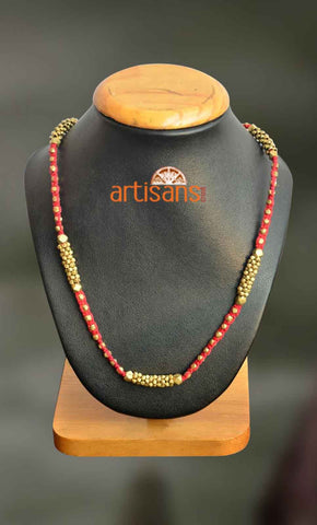 Tribal Jewellery:Necklace with golden beads on red thread