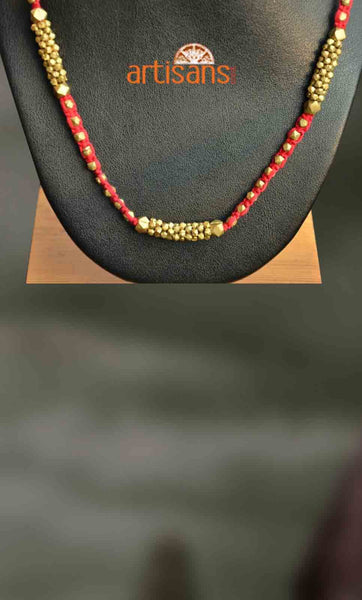 Tribal Jewellery:Necklace with golden beads on red thread
