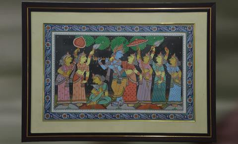 Krishna : Leela with Gopis, Pattachitra Leaf Painting