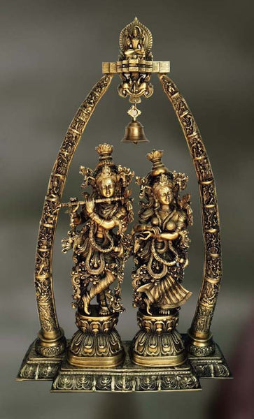 Brass sculpture of Radha Krishna with Krishna playing flute
