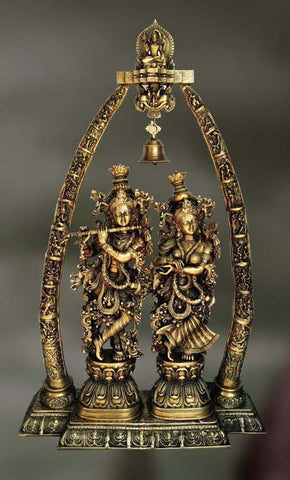 Brass sculpture of Radha Krishna with Krishna playing flute