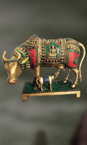 Brass and Stone sculpture of Kamadhenu,the divine cow