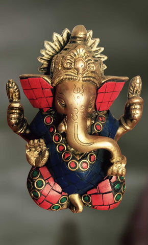 Brass and Stone Sculpture of Lord Ganesha with an OM symbol 