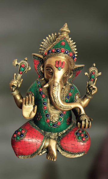 Brass and Stone Sculpture of Ganesha in a sitting posture and blessing