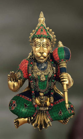 Brass and Stone sculpture of Hanumanji holding a mace