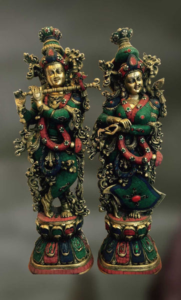 Brass and Stone Sculpture of Radha Krisna with Krishna playing flute