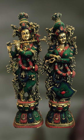 Brass and Stone Sculpture of Radha Krisna with Krishna playing flute