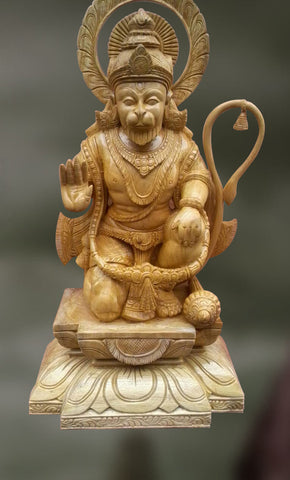 Wood sculpture of hanumanji sitting and blessing 