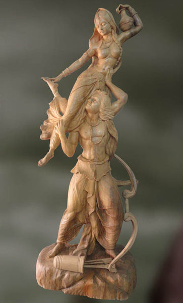 Wood sculpture of Arjuna and Chitrangada in romance